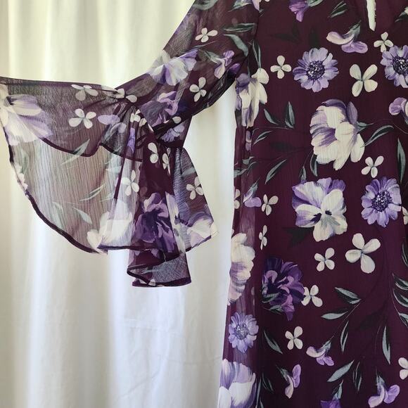 Calvin Klein Floral Print Long bell Sleeve mini Dress 6 purple romantic ruffle - Picture 10 of 11